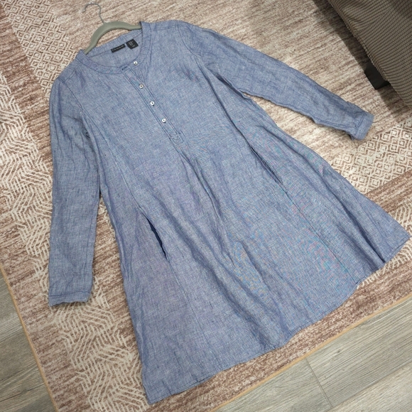 TAHARI 100 LINEN Blue Linen Tunic Dress, Henley 4 Button Placket, Pockets, XS - Picture 14 of 16